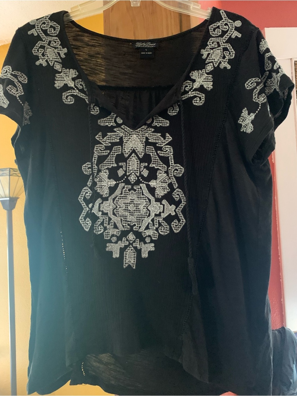 Lucky Brand Black Short-Sleeve V-Neck Top with White Embroidery